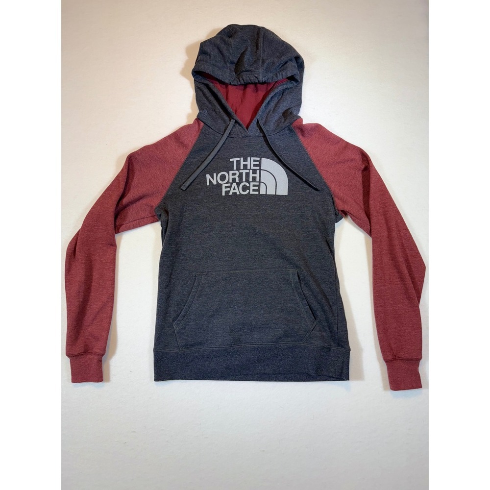 The North Face Womens Pullover Hoodie Gray Red Raglan Sweatshirt